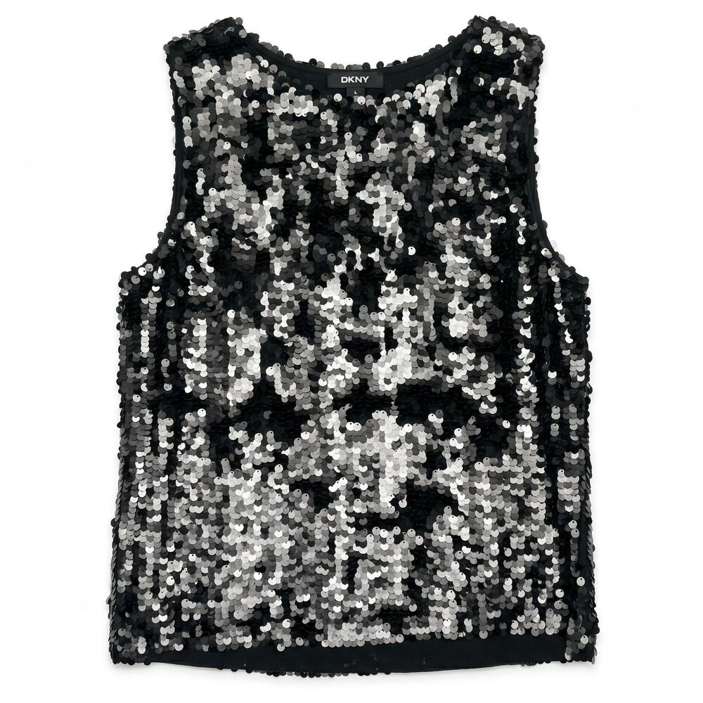 100% Silk DKNY Black Silver Paillette Sequin Sleeveless Shell Top | Size L
